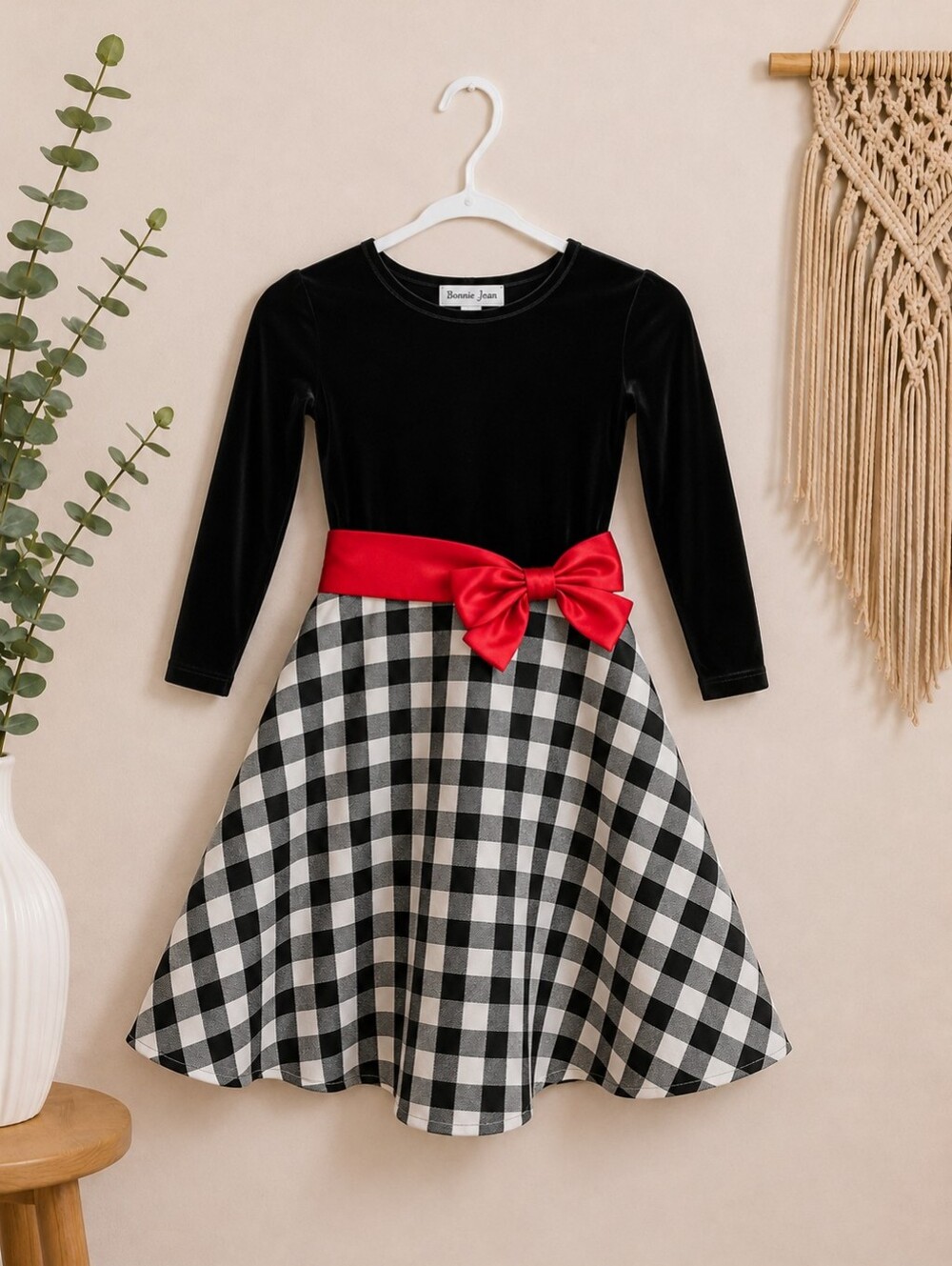 Plaid Dress with Red Bow